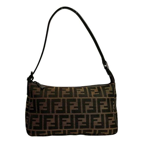 FENDI Zucca FF Leather Canvas Semi-One Shoulder Bag Handbag Brown Black 1722b - Picture 1 of 10